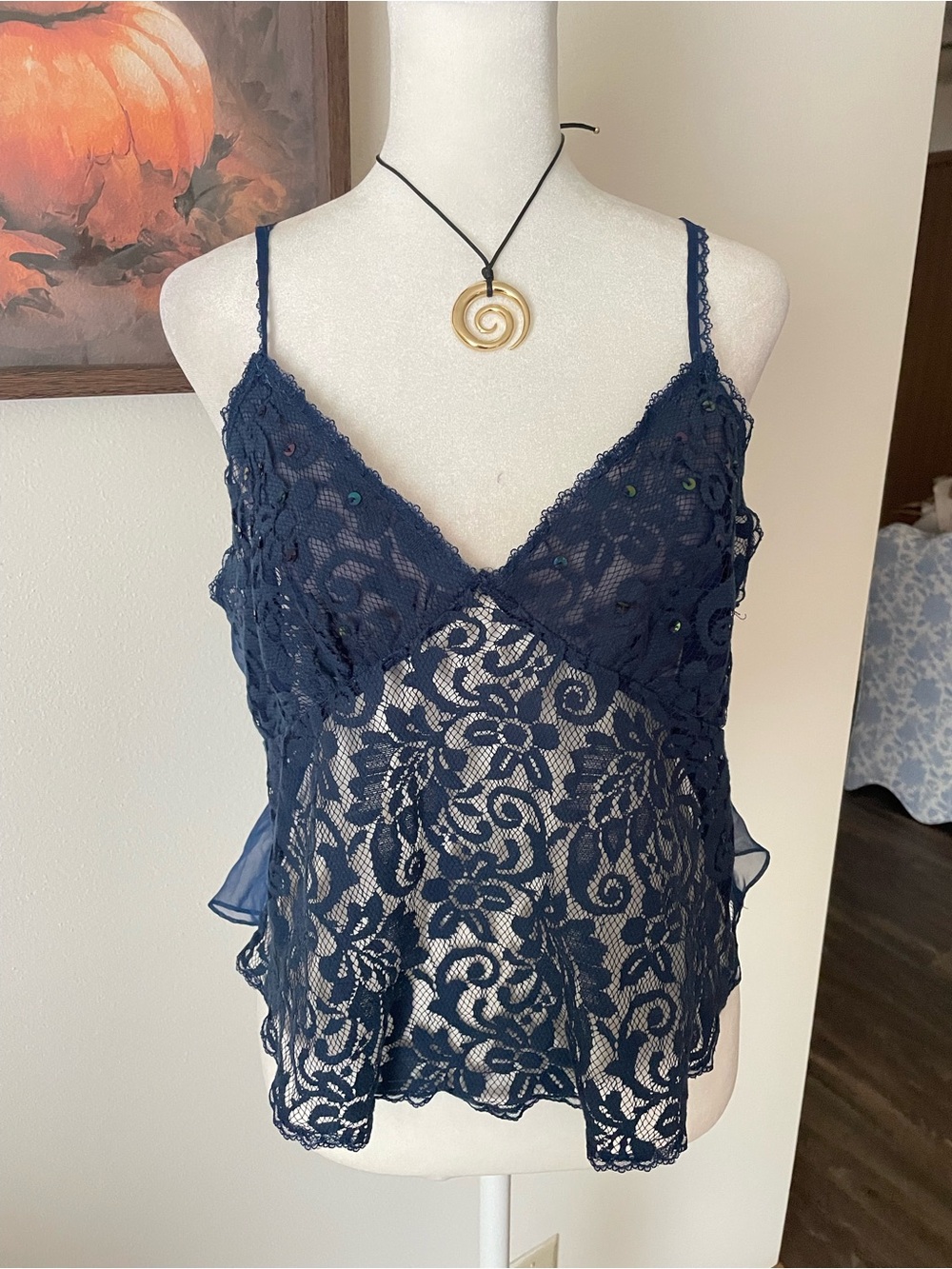 Victoria's Secret Gold Label Vintage 90s Y2K Navy Lace Sequin Cami Top Medium